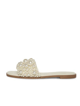 Ivory Rhinestone Pearl Single Wide Band Round Flats Slippers Sandals